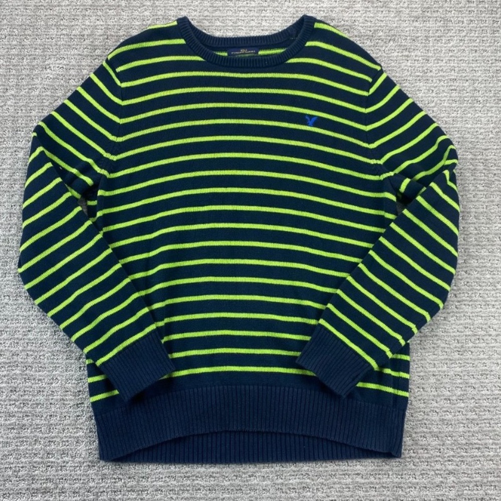 American Eagle Knit Sweater Men Extra Large XL Navy Blue Green Striped Athletic